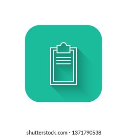 Square flat turquoise illustration with long shadow Clipboard with document. Filling insurance claim form, paperwork, income tax form, write a report, business concepts.