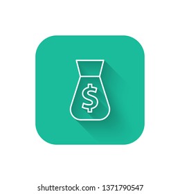 Square flat turquoise illustration with long shadow Money bag with dollar sign icon.