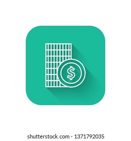 Square flat turquoise illustration with long shadow Vector design dollar coins icon