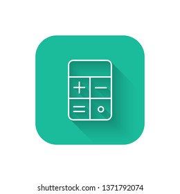 Square flat turquoise illustration with long shadow Calculator vector icon