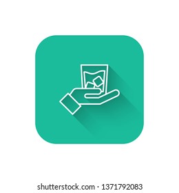 Square flat turquoise illustration with long shadow Whiskey in the glass with ice cubes icon.