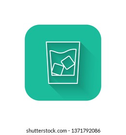 Square flat turquoise illustration with long shadow Whiskey in the glass with ice cubes icon.