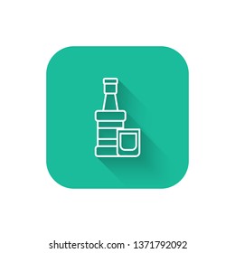 Square flat turquoise illustration with long shadow Whiskey bottle with glass. Alcohol concept