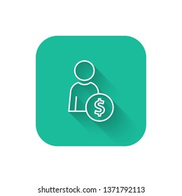 Square flat turquoise illustration with long shadow Businessman line icon with dollar sign