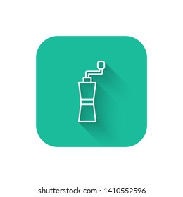 Square flat turquoise illustration with long shadow Grinder icon vector. Coffee time