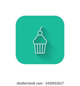 Square flat turquoise illustration with long shadow Cup cake icon. Dessert symbol