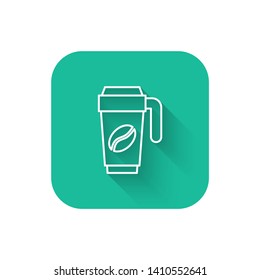 Square flat turquoise illustration with long shadow Thermocup for coffee. Coffee time