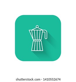 Square flat turquoise illustration with long shadow Coffee teapot. Coffee kettle icon