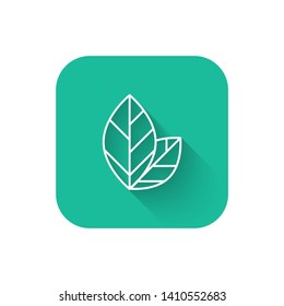 Square flat turquoise illustration with long shadow Tea leaf icon. Tea theme