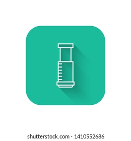 Square flat turquoise illustration with long shadow Aeropress icon. Device for brewing coffee.