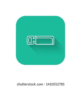Square flat turquoise illustration with long shadow The saw icon. Saw symbol.