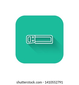 Square flat turquoise illustration with long shadow The saw icon. Saw symbol.