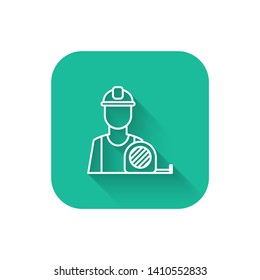 Square flat turquoise illustration with long shadow Builder line icon, build and repair, construction worker sign