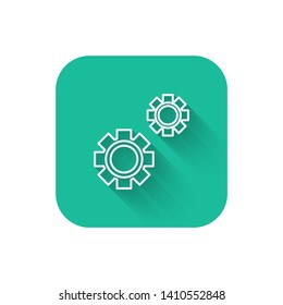 Square flat turquoise illustration with long shadow Mechanism Icon. Gear symbol