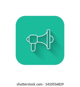 Square flat turquoise illustration with long shadow Megaphone, loudspeaker, mouthpiece symbol icon.