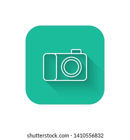 Square flat turquoise illustration with long shadow Photo camera icon. Symbol for your web site design