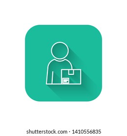 Square flat turquoise illustration with long shadow Deliveryman, service, box, worker, deliver concept