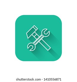 Square flat turquoise illustration with long shadow Wrench and hammer. Tools icon