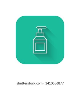 Square flat turquoise illustration with long shadow Liquid cream soap line icon. Cosmetic symbol