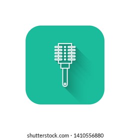 Square flat turquoise illustration with long shadow Brush and hair symbol. Hairbrush collection