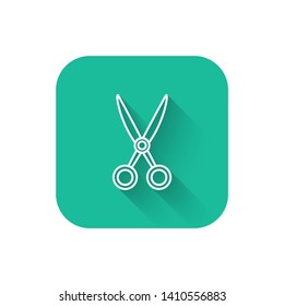 Square flat turquoise illustration with long shadow Scissors icon symbol for your web site design