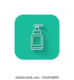 Square flat turquoise illustration with long shadow Liquid cream soap line icon. Cosmetic symbol