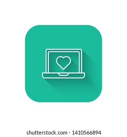 Square flat turquoise illustration with long shadow Laptop with heart icon