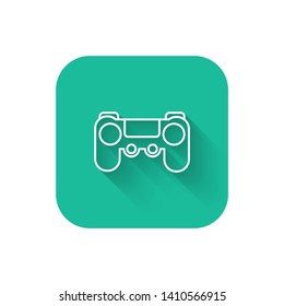 Square flat turquoise illustration with long shadow Game joystick icon, game symbol.