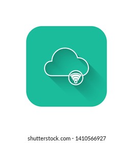 Square flat turquoise illustration with long shadow Online cloud icon. Cloud computing contour symbol.