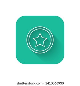 Square flat turquoise illustration with long shadow Review icon. Star favorite sign web icon. Favorite sign.