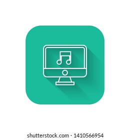 Square flat turquoise illustration with long shadow Music computer icon