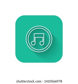 Square flat turquoise illustration with long shadow Music icon vector. Melody, song, note, sound, audio sign
