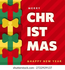Quadratisches, flaches Weihnachts- und Neujahrsbanner mit Geschenkbox-Rahmen, Bögen und fett gedrucktem WEIHNACHTSText auf rotem Hintergrund. Layered Papierschnitt Stil Urlaub Banner, Poster, Plakat-Design für Web-Promo, Social Media