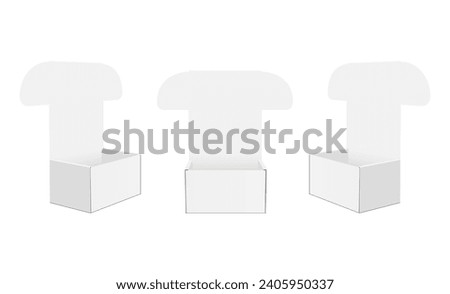 Square Flip Top Mailer Box Mockup, Opened Lid, Front, Side View, Isolated On White Background. Vector Illustration