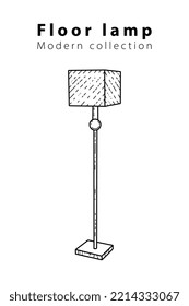 Square floor lamp on three legs for the living room, hand-drawn in different sizes and types, doodle sketches, modern and vintage. Vector illustration