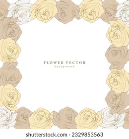 Square floral background with delicate roses and golden outline. Background for text, postcards, presentations, invitations, letters, covers and wallpapers. Floral frame with roses