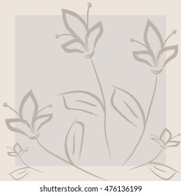 Square floral background. Silhouettes of abstract flowers, painted with a brush. Gray.