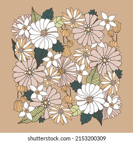 Composición floral cuadrada con flores de estilo retro, ramas, bayas. Diseño preparado para tarjeta de saludo, carteles, prendas de vestir