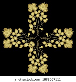 Square floral cross with blooming branches of stylized flowers. Glossy golden silhouette on black background.