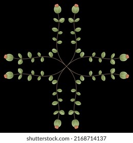 Square floral cross design with blooming branches. Folk style. Green leaves and orange blossom on black background.