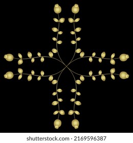 Square floral cross design with blooming branches. Folk style. Golden glossy silhouette on black background.