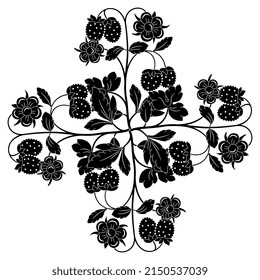 Square floral cross design. Bouquet of strawberry plant branches with flowers and berries. Black and white negative silhouette.
