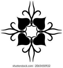 Square floral cross design with four heart shape leaves and vines. Black silhouette on white background. Geometrical decorative element.