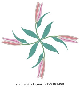 Square floral cross design with four blooming branches of lily flower. Botanical design with pink lilies and green leaves on white background.