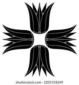 Square floral cross design with four stylized lotus flowers. Ancient Egyptian sacred symbol. Black and white silhouette.