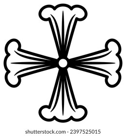 Square floral cross shape design with four stylized datura or lily flowers. Black and white linear silhouette.
