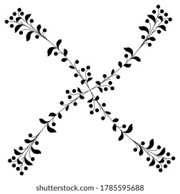 Square floral decor. Cross made of branches with leaves and berries. Black silhouette on white background.