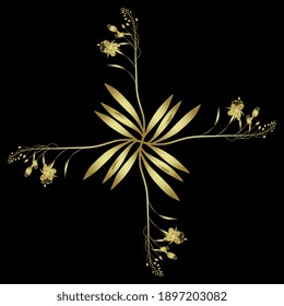 Die quadratische Blumendekoration. Kreuz aus vier Zweigen wilder Blume. Feuerweh oder Blühender Sally. Ivan Chai. Glossige goldene Silhouette auf schwarzem Hintergrund.