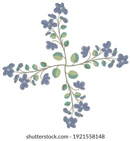 Square floral decor. Cross made of four stylized blooming branches with flue flowers. Folk style.