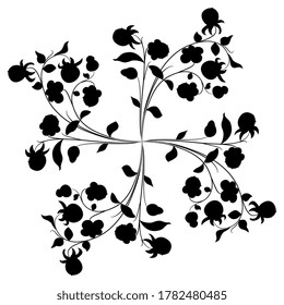 Square floral decor with flowers and berries. Cross made of four branches of strawberry plant. Black silhouette on white background.